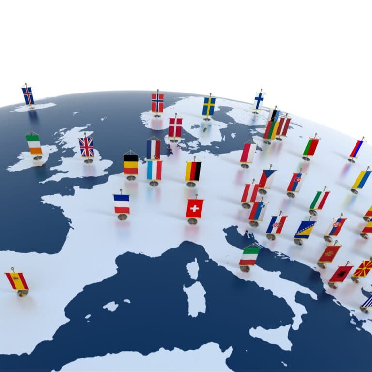 Map of Europe marked with National Flags