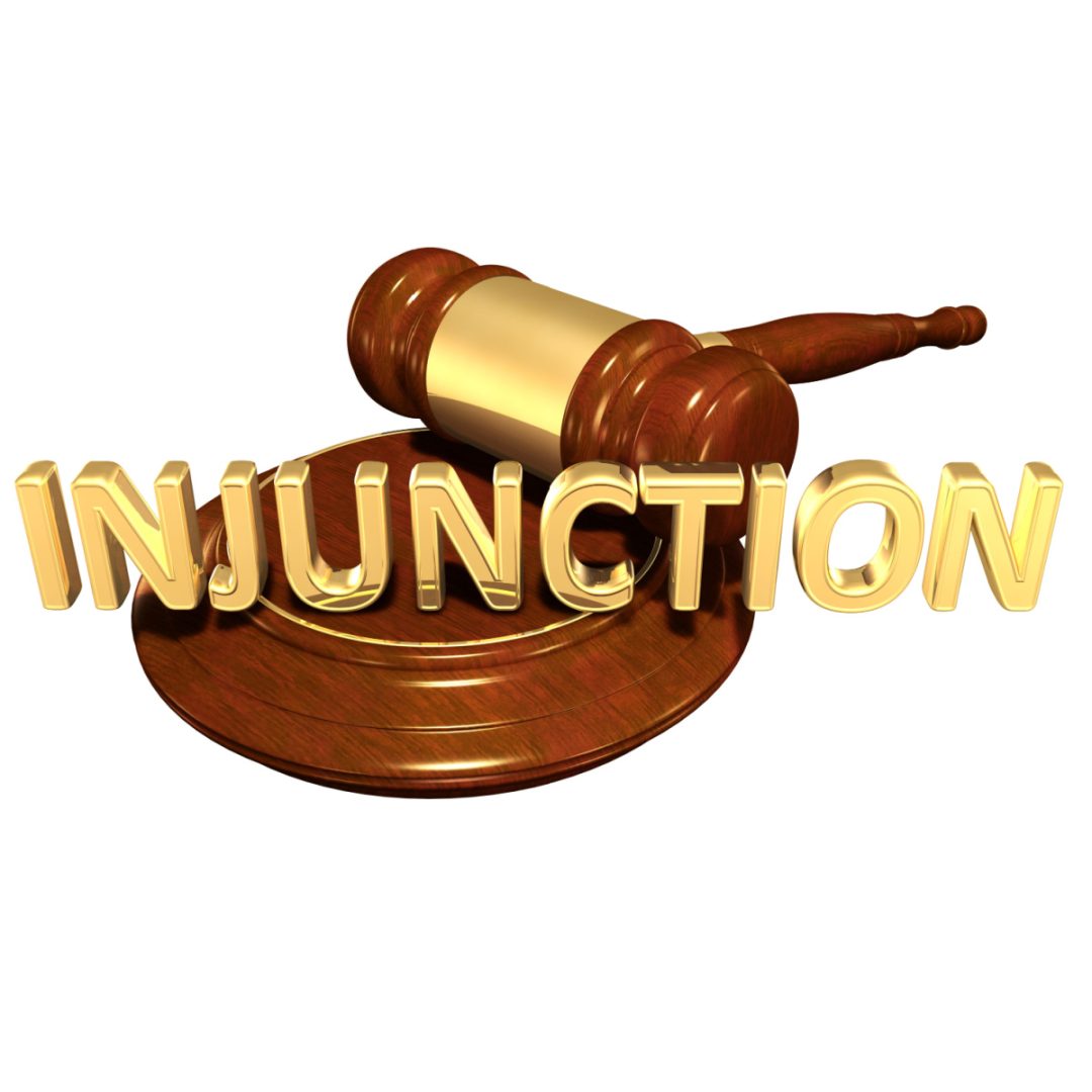 'Injunction' text and gavel